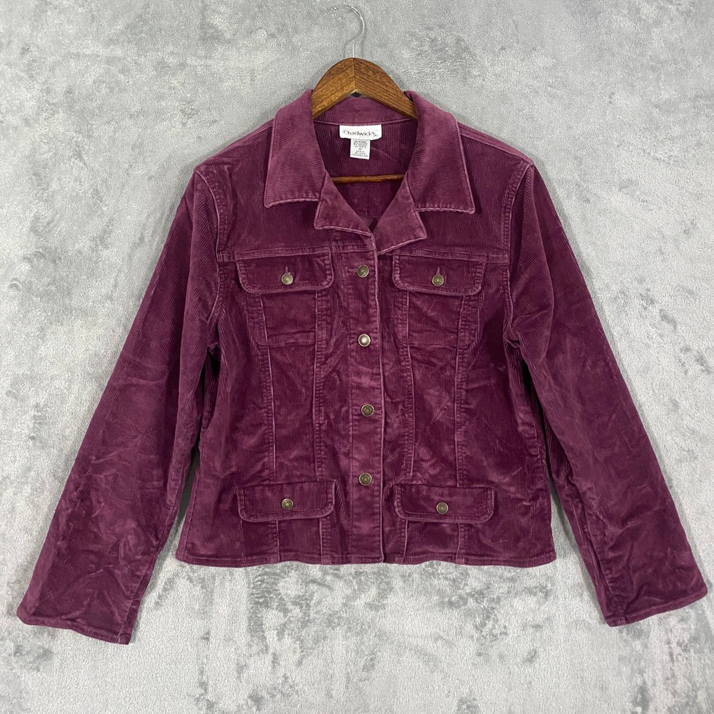 Chadwick's Jacket Sz 12 Purple Corduroy Trucker Button Front Stretch Retro Boho